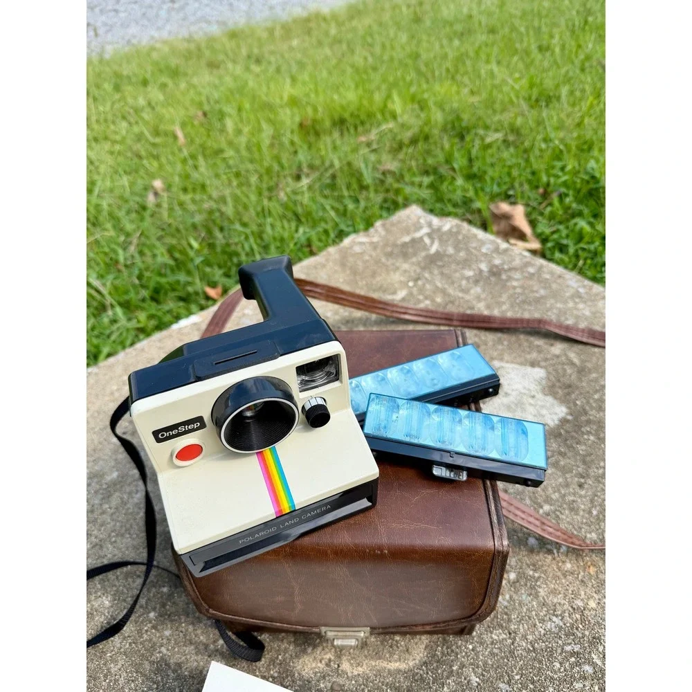 Vintage Polaroid OneStep Land Camera Rainbow Stripe with Case and Flash Bars